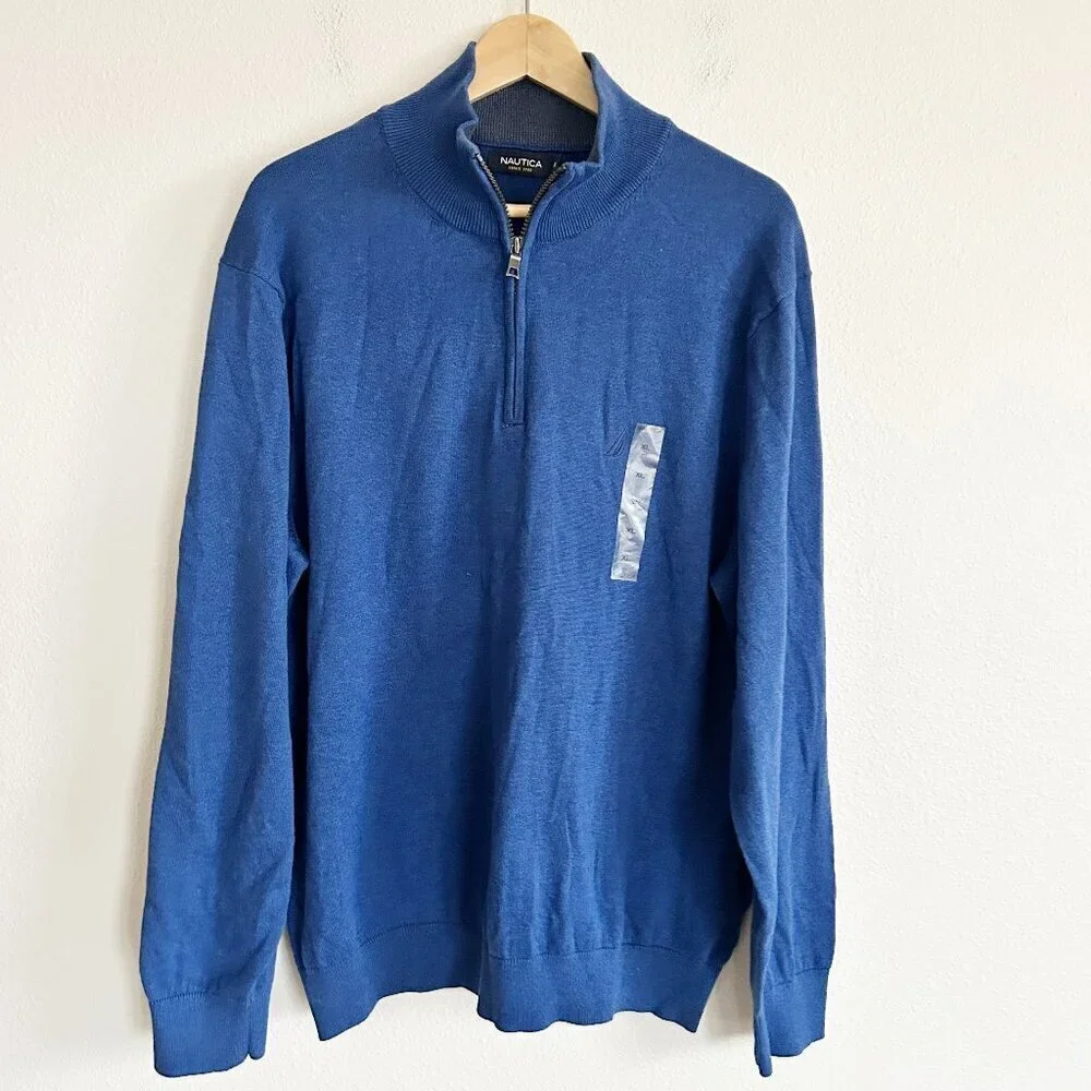 NWT Nautica Sweater Blue 1/4 Zip Cotton Mock Neck Classic Preppy